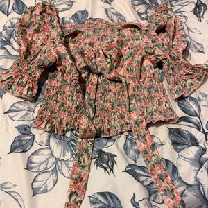 SHEIN Floral Smocked Blouse - Pink and Green